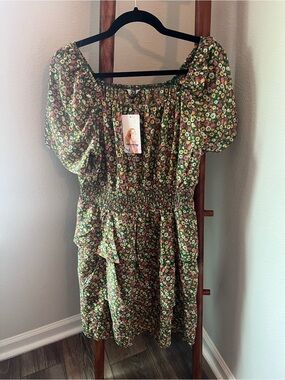 PrettyGarden Green Floral Smocked Ruffle Mini Dress Square Neck Puff Sleeve L